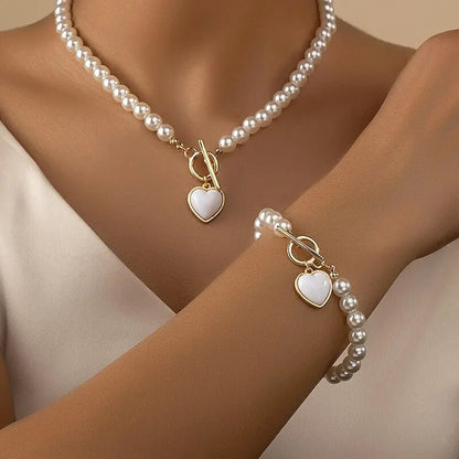 2 Pcs Pearl Necklace Bracelet Jewelry Set - Bama style