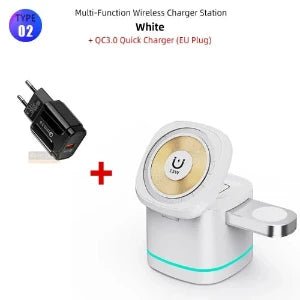 Multi-function wireless charger station with QC3.0 quick charger EU plug, white color, for multiple devices.