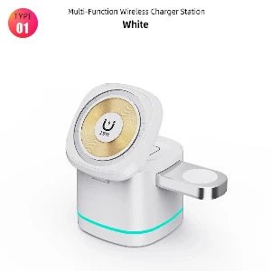 White multi-function wireless charger station with magnetic charging for multiple devices.