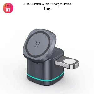 Gray multi-function wireless charger station, compatible with iPhone, AirPods, and Apple Watch, offering efficient charging.