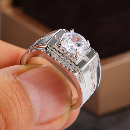 Luxury Male Jewelry Silver Color Round Rings Cubic Zircon for Wedding Ceremony - Bama style