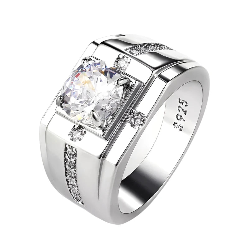 Luxury Male Jewelry Silver Color Round Rings Cubic Zircon for Wedding Ceremony - Bama style